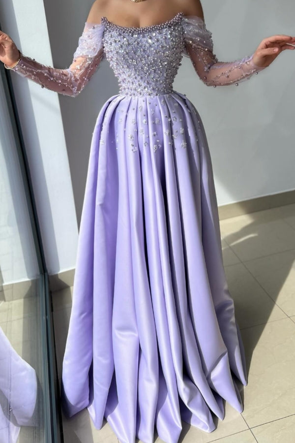Amazing Long Lilac A-line Off-the-shoulder Rhinestones Satin Pearls Prom Evening Dresses