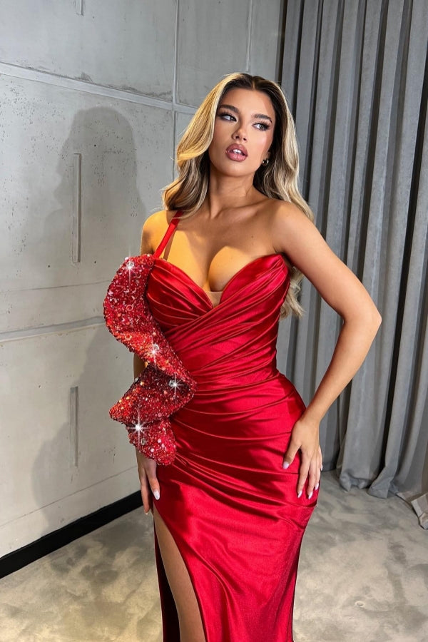 Amazing Long Red One Shoulder Sequined Mermaid Prom Evening Dresses with Slit