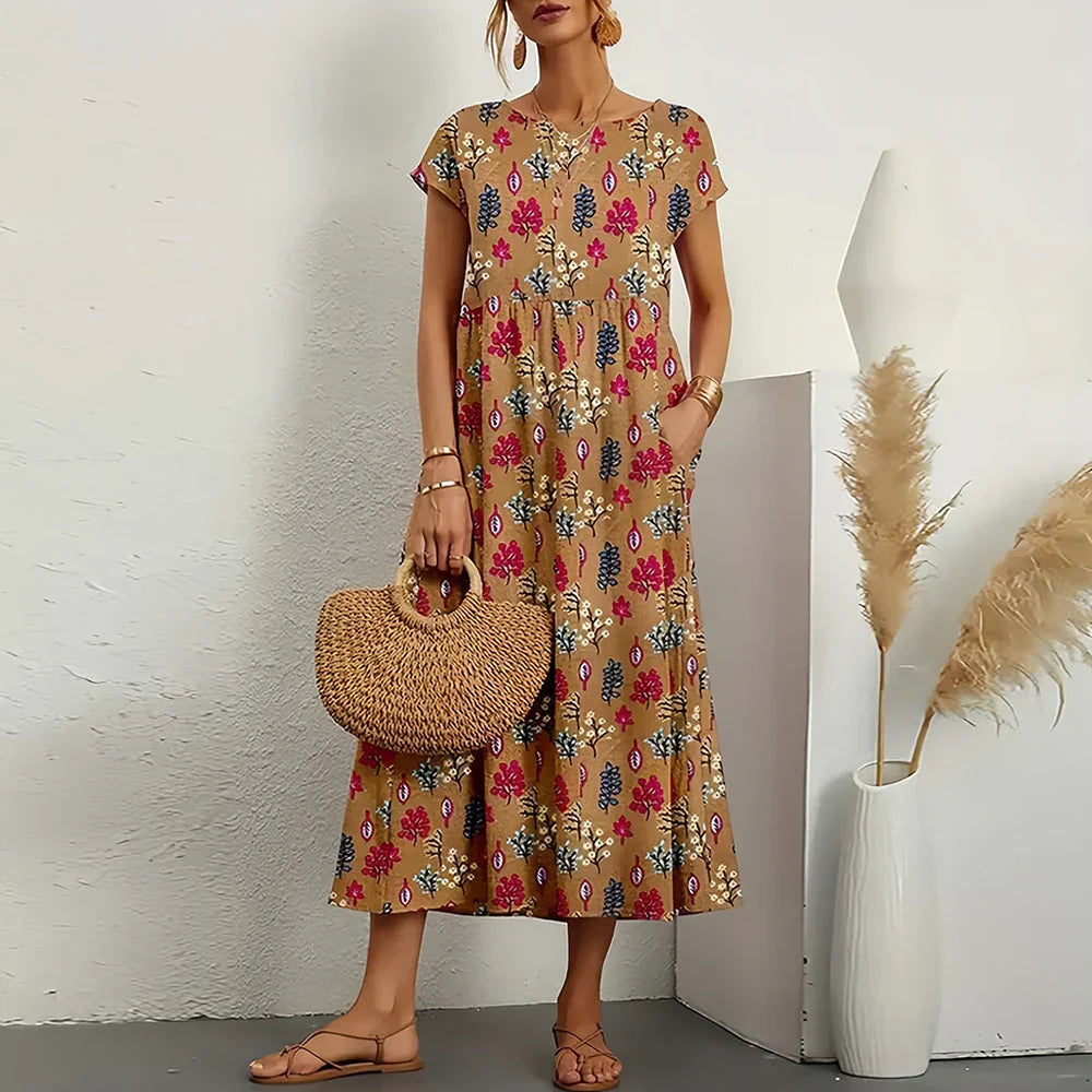 Floral Short Sleeve Tiered Midi Dress Summer