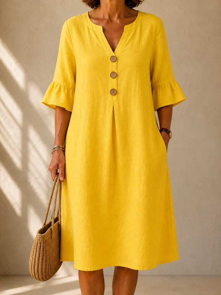 Notch Neck Wooden Button Flutter Sleeve Linen Look Midi Dress