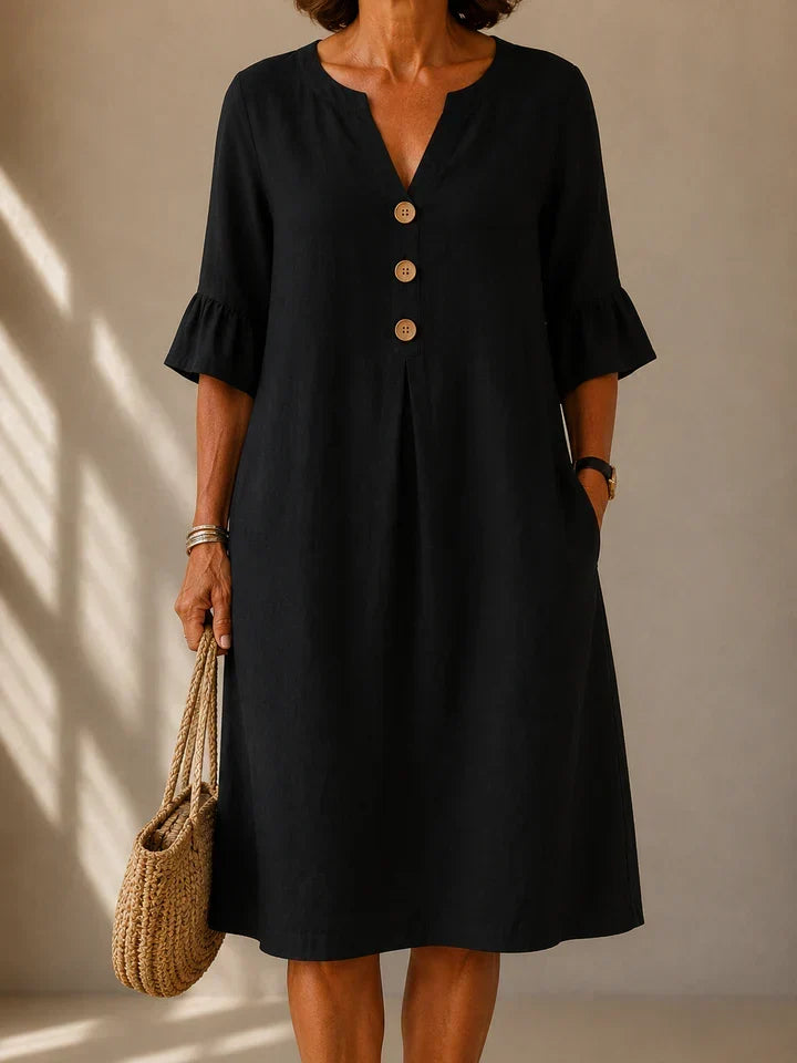 Notch Neck Wooden Button Flutter Sleeve Linen Look Midi Dress