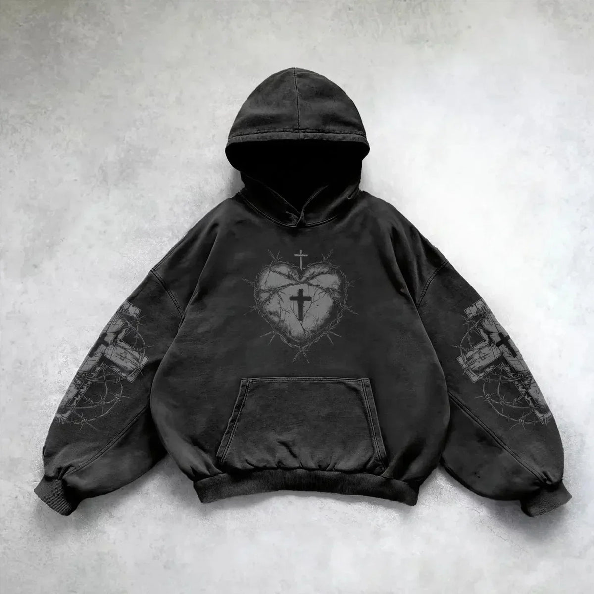 Barbed Wire Cross Graphic Print Washed Oversized Hoodie 3