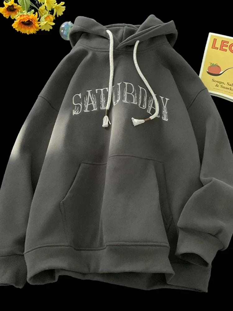 Flame Letter Print Rope Drawstring Fleece Pullover Hoodie 8