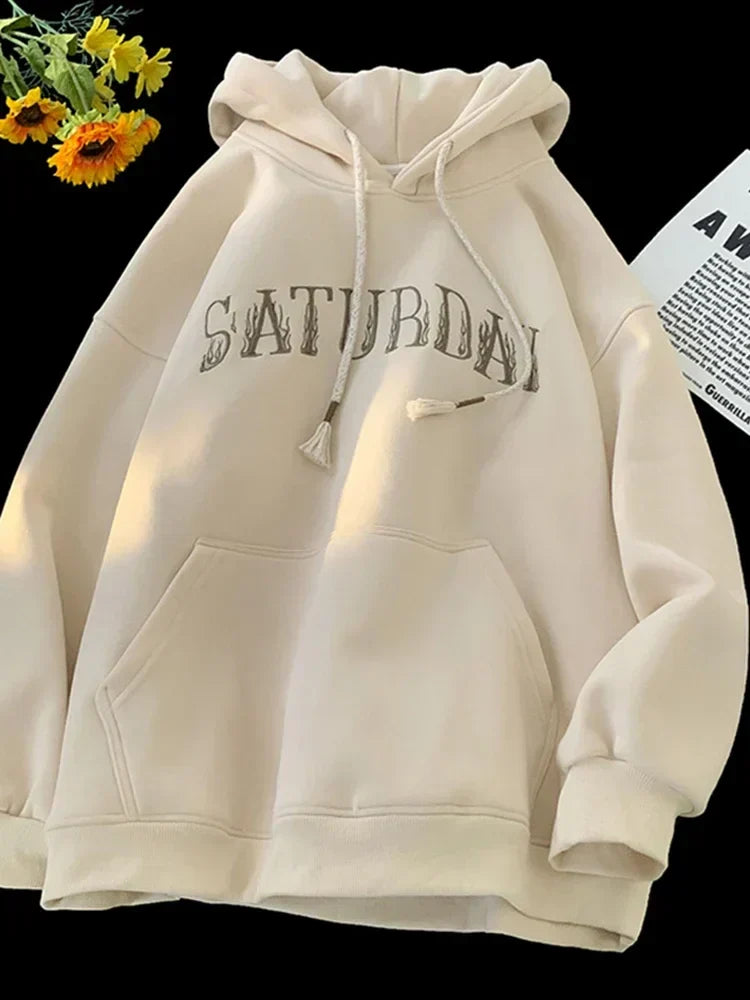 American Flame Print Fleece Y2K Hoodie Apricot / M(40-45KG)
