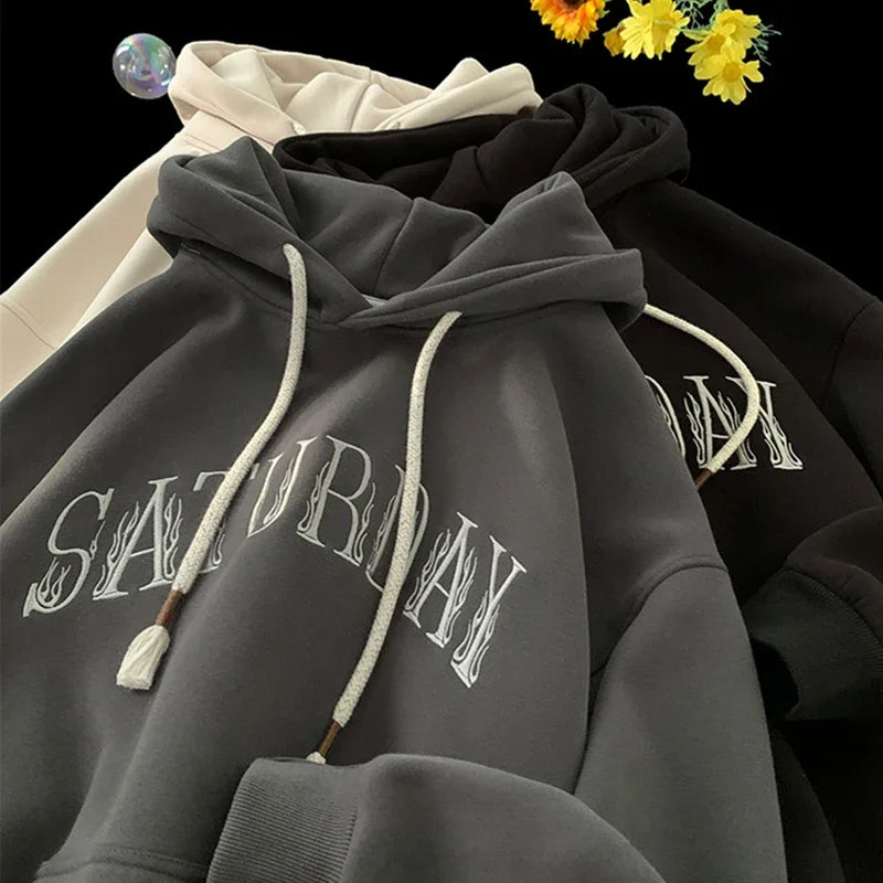 Flame Letter Print Rope Drawstring Fleece Pullover Hoodie