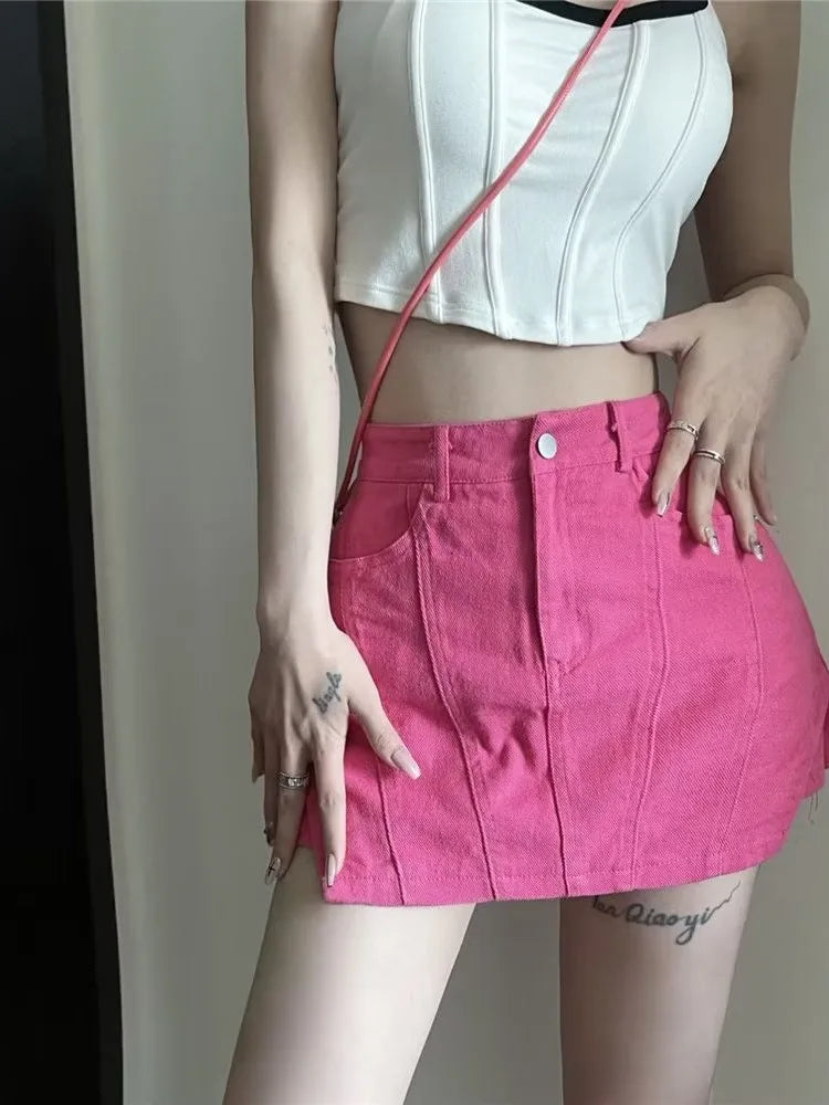 High Waist Seam Panel Denim A-Line Mini Skirt