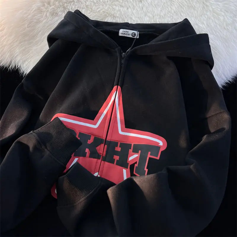 Star Letter Graphic Print Oversized Zip Front Hoodie