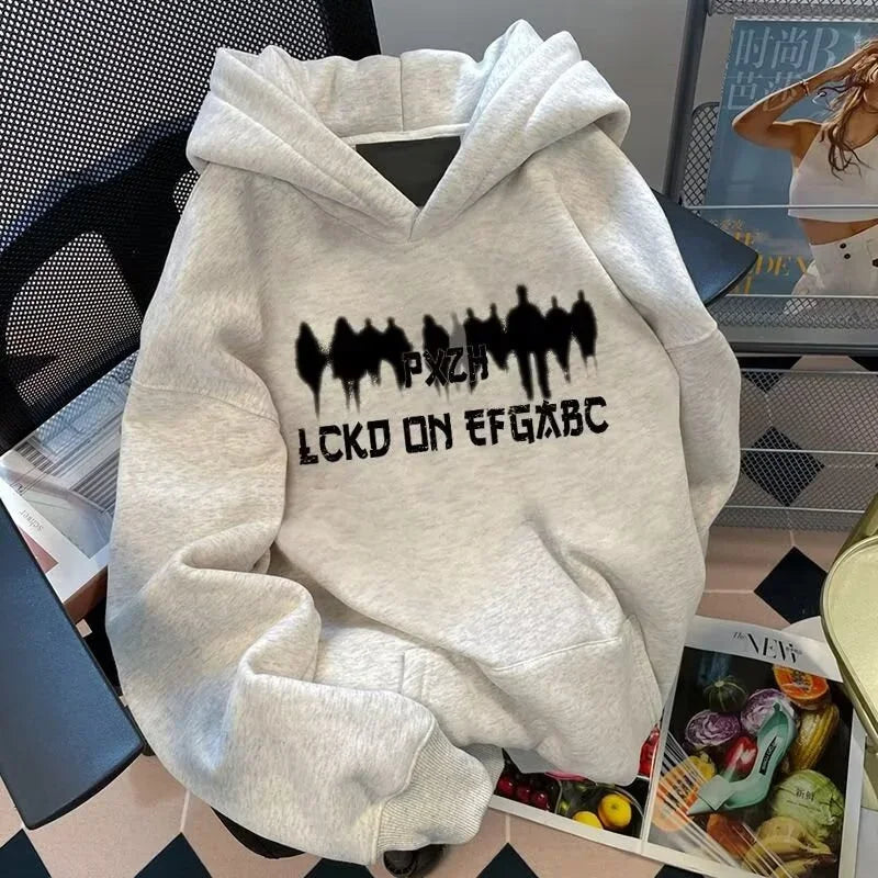 Shadow Figure Graphic Letter Print Kangaroo Pocket Pullover Hoodie
