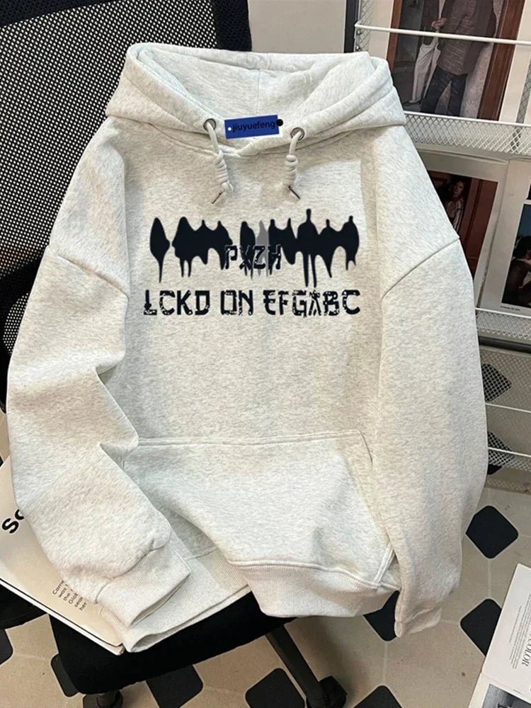 Shadow Figure Graphic Letter Print Kangaroo Pocket Pullover Hoodie 4