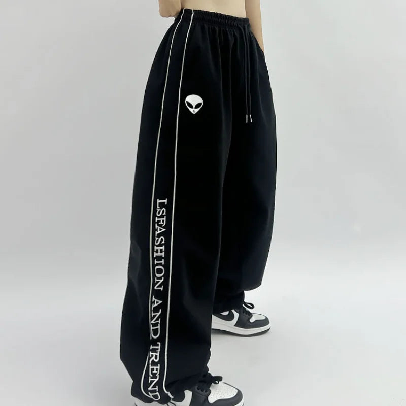 Alien Letter Print Side Piping Drawstring Baggy Jogger Pants