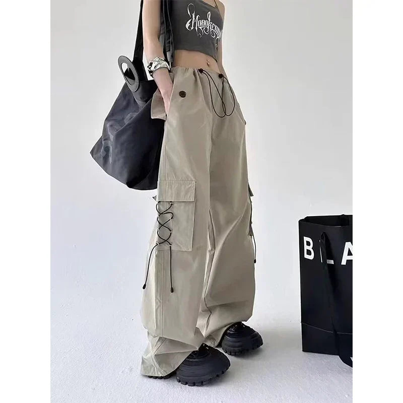 Toggle Drawstring Waist Lace Up Pocket Wide Leg Cargo Pants 2