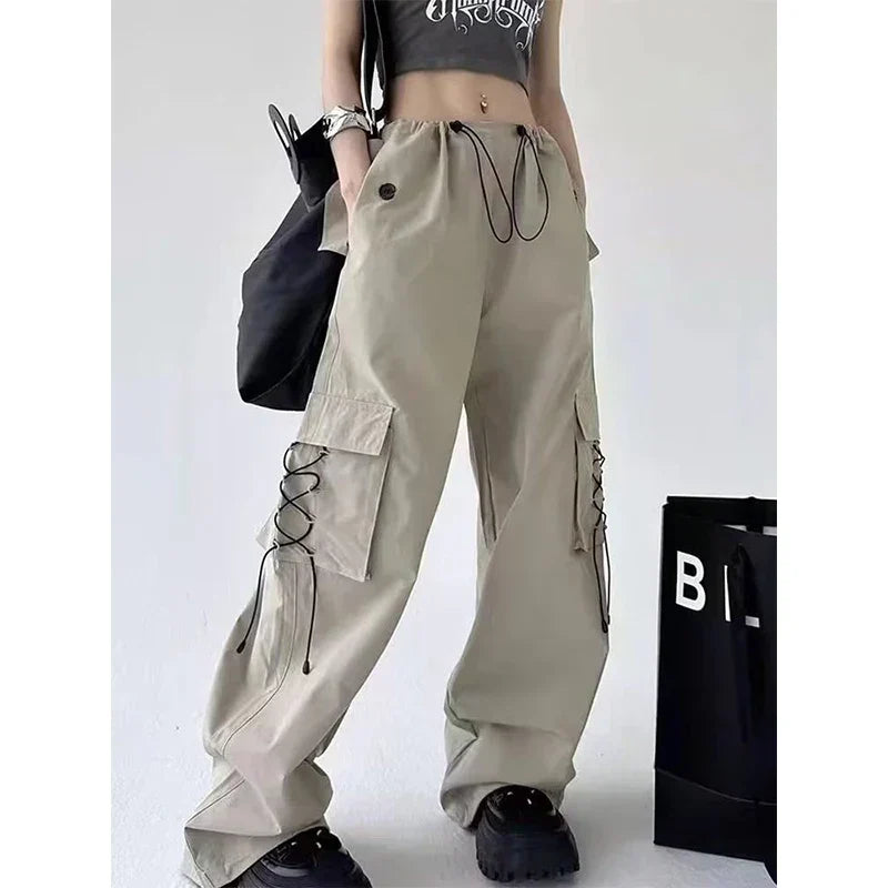 Toggle Drawstring Waist Lace Up Pocket Wide Leg Cargo Pants