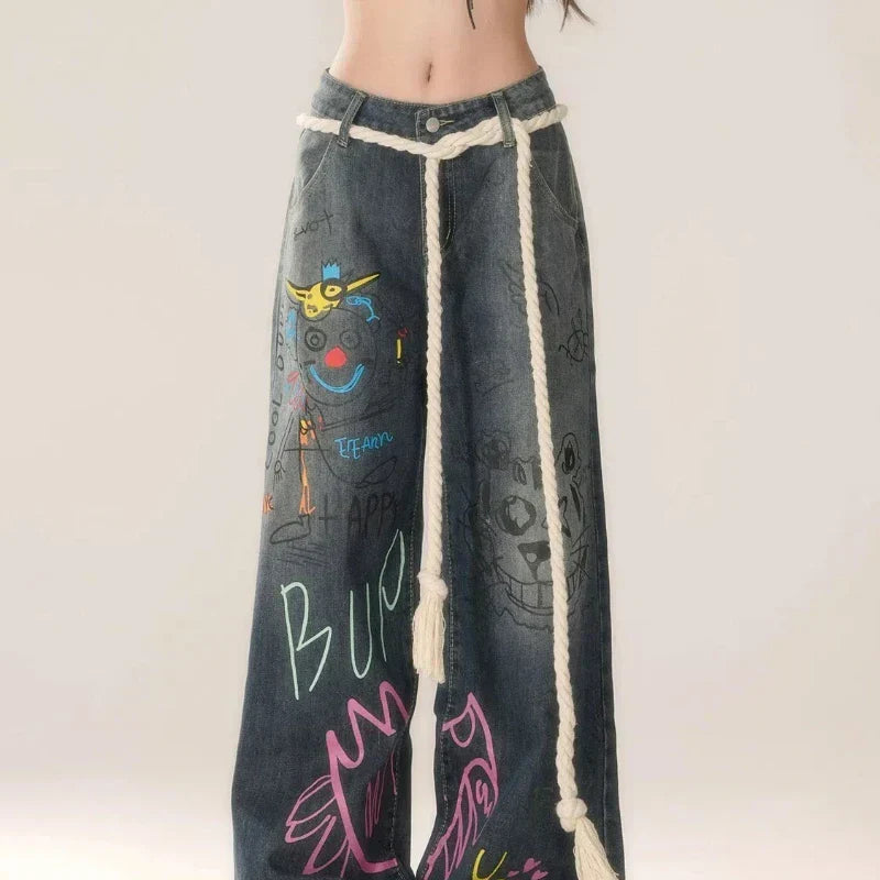 High-Waist Vintage Washed Wide-Leg Denim Jeans
