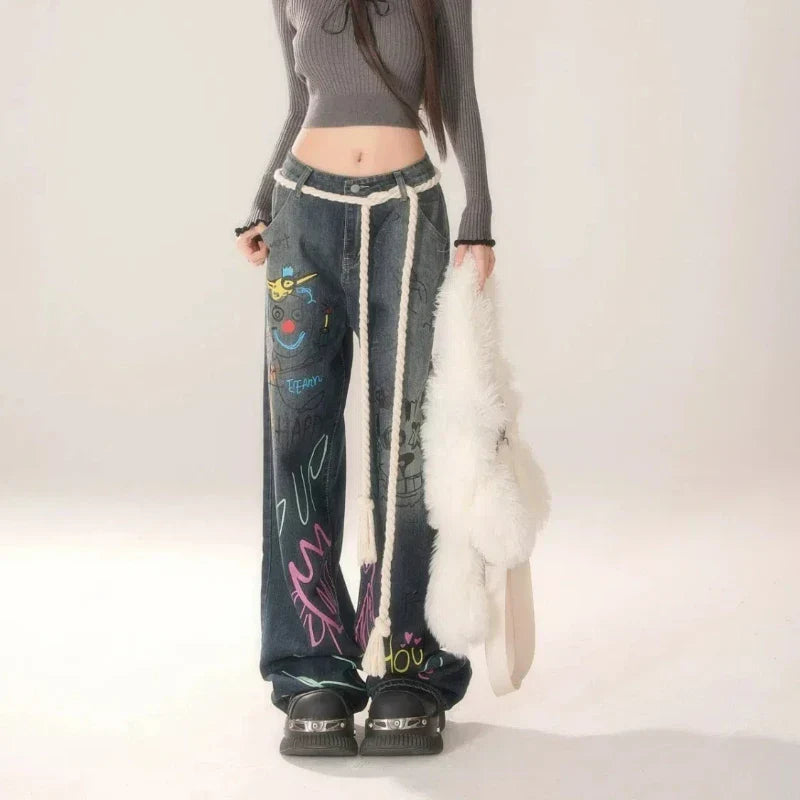 High-Waist Vintage Washed Wide-Leg Denim Jeans
