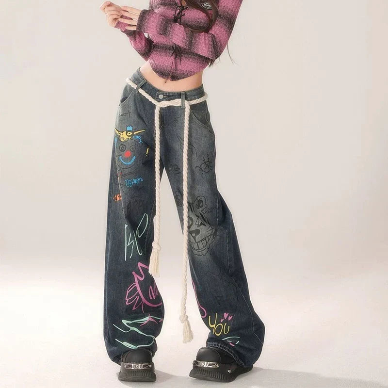 High-Waist Vintage Washed Wide-Leg Denim Jeans