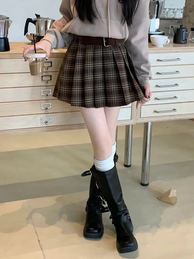 Retro Plaid Coffee Color Aline Pleated Short College Skirt