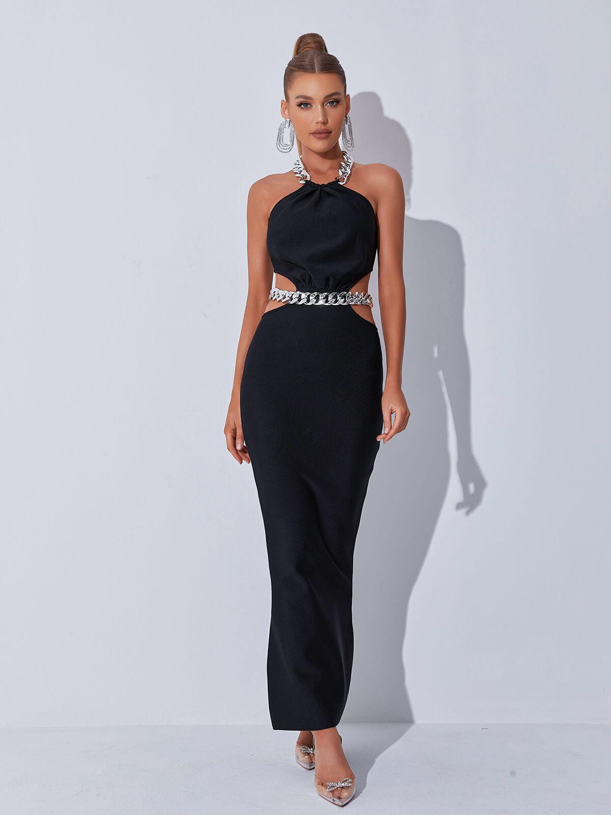 Halter Neck Chain Link Collar Side Cut Out Bandage Bodycon Maxi Dress