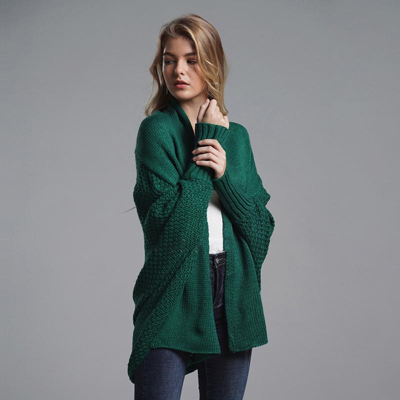 Oversized Sweater Knitted Patchwork Batwing Sleeves Cardigan Green / One Size