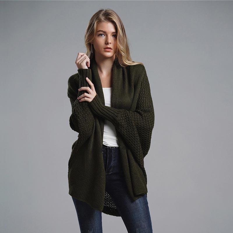 Oversized Sweater Knitted Patchwork Batwing Sleeves Cardigan Dark Green / One Size