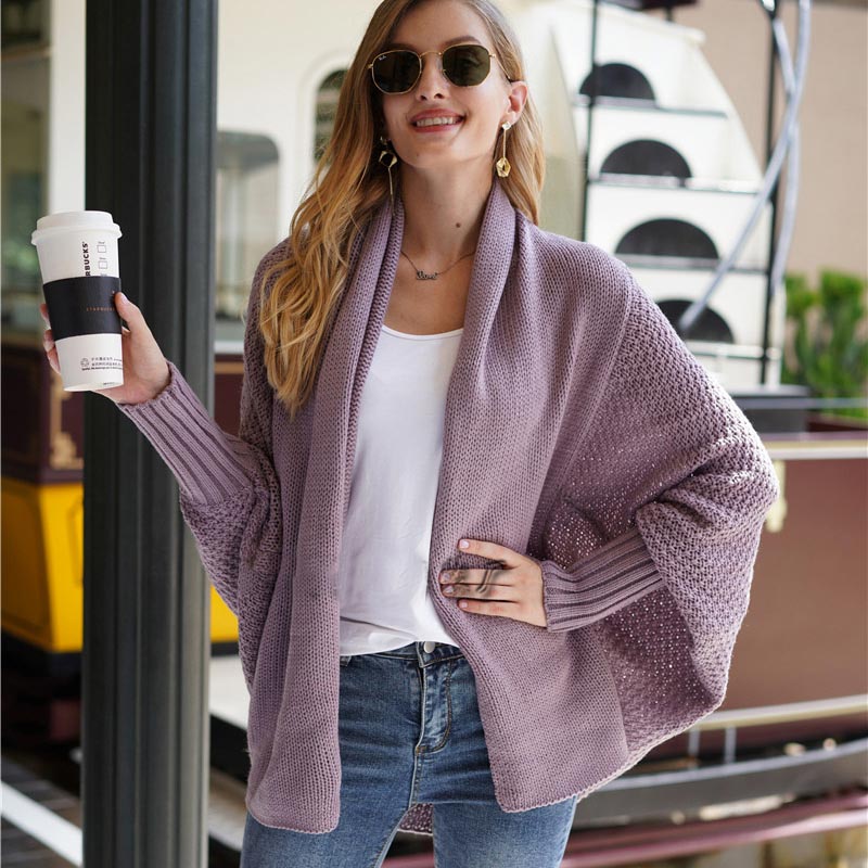 Shawl Collar Batwing Sleeve Open Front Oversized Knit Cardigan 2