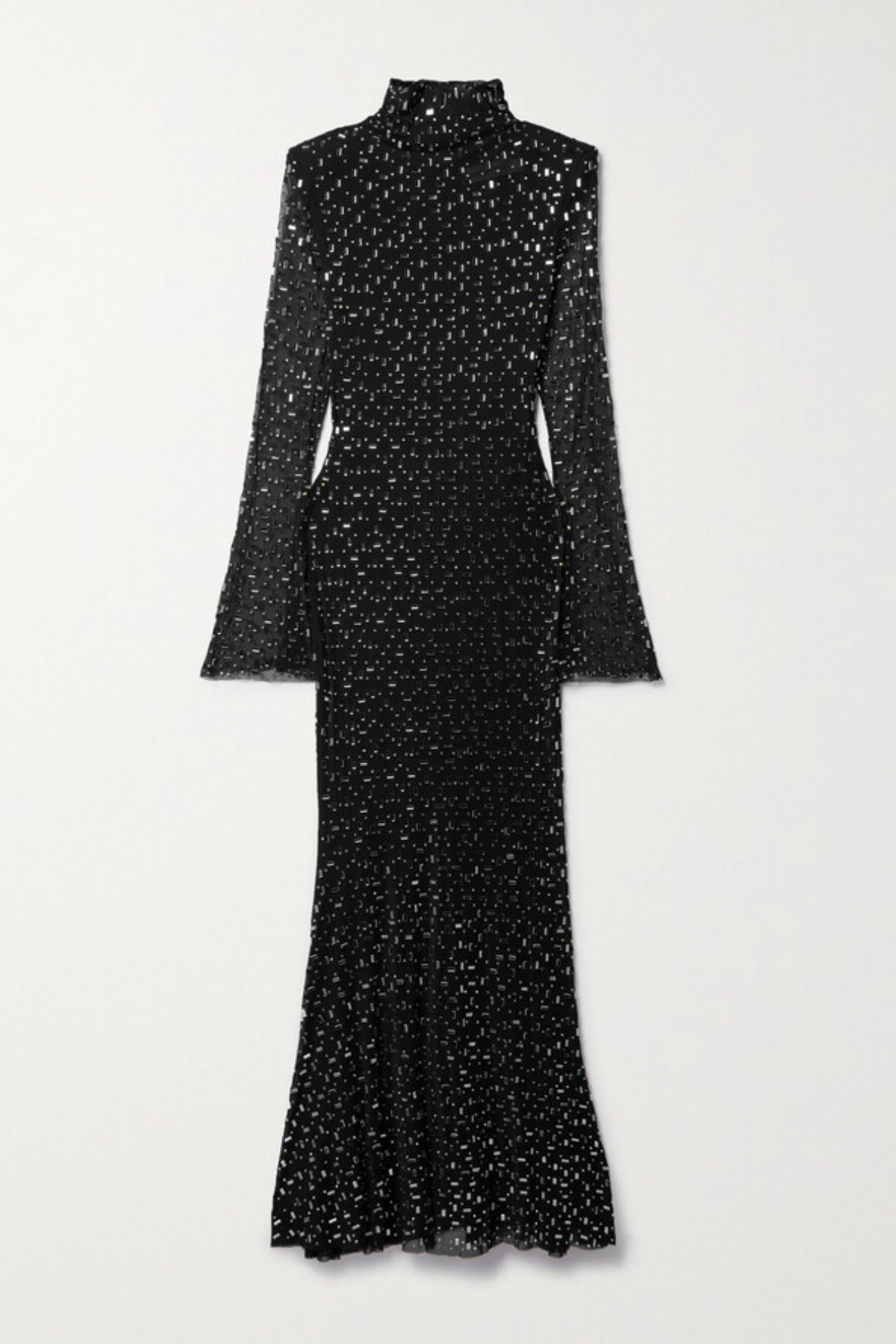Rhinestone Mesh High Neck Bell Sleeve Bodycon Mermaid Maxi Dress