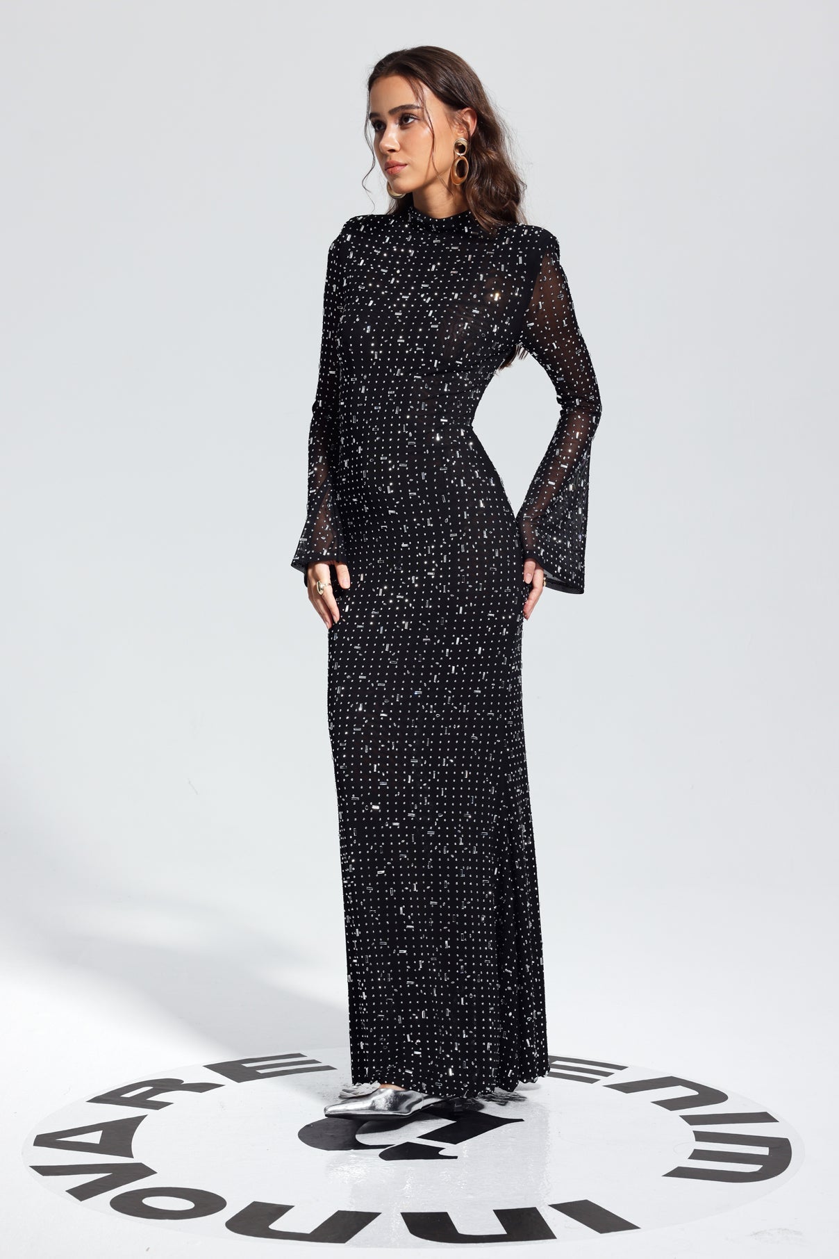 Rhinestone Mesh High Neck Bell Sleeve Bodycon Mermaid Maxi Dress