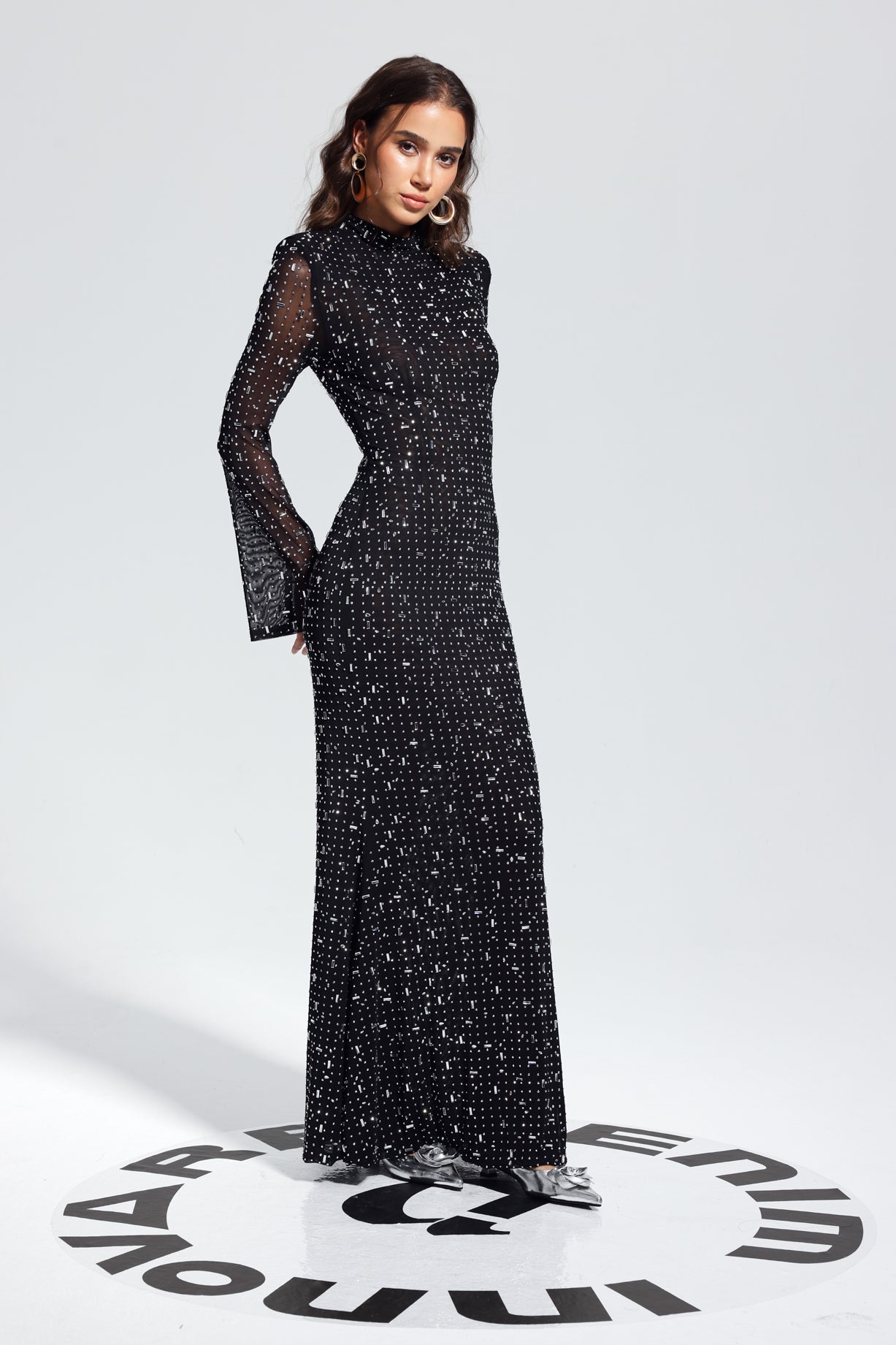 Rhinestone Mesh High Neck Bell Sleeve Bodycon Mermaid Maxi Dress