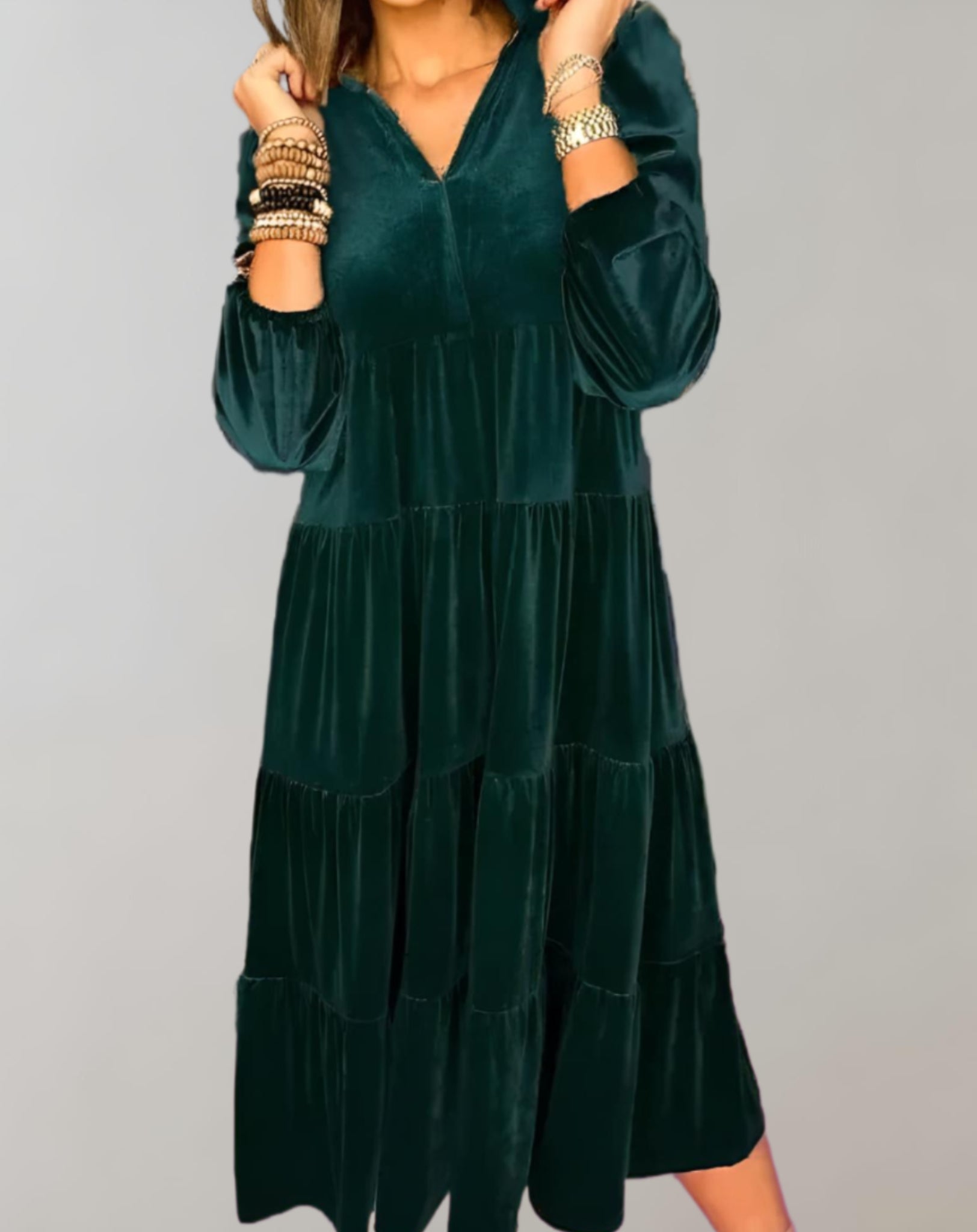 Velvet Collared V-Neck Balloon Sleeve Tiered Babydoll Midi Dress