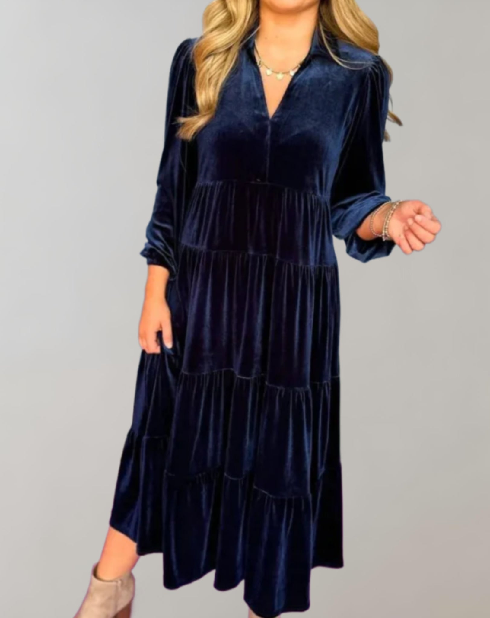 Velvet Collared V-Neck Balloon Sleeve Tiered Babydoll Midi Dress