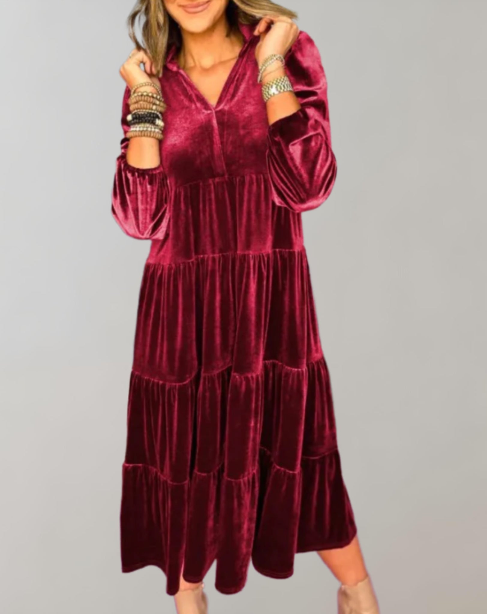 Velvet Collared V-Neck Balloon Sleeve Tiered Babydoll Midi Dress
