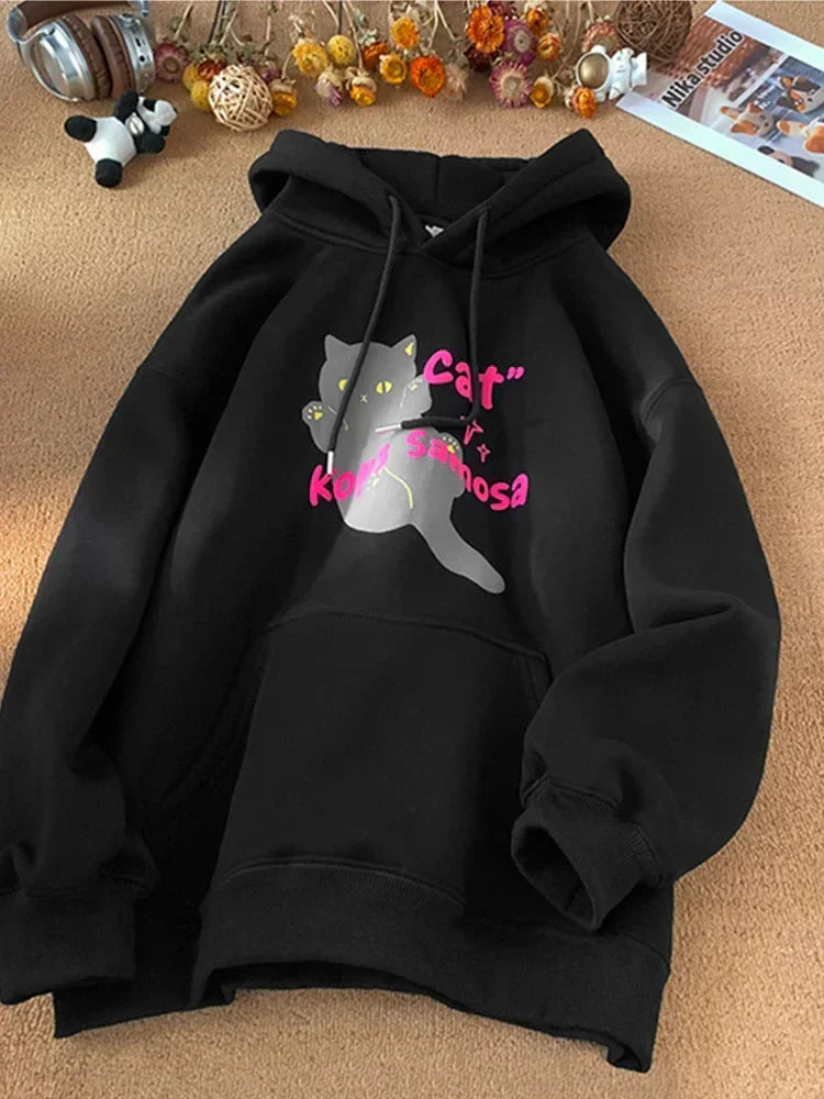 Anime Kawaii Cat Graphic Retro Hoodie Black / M(40-45KG)