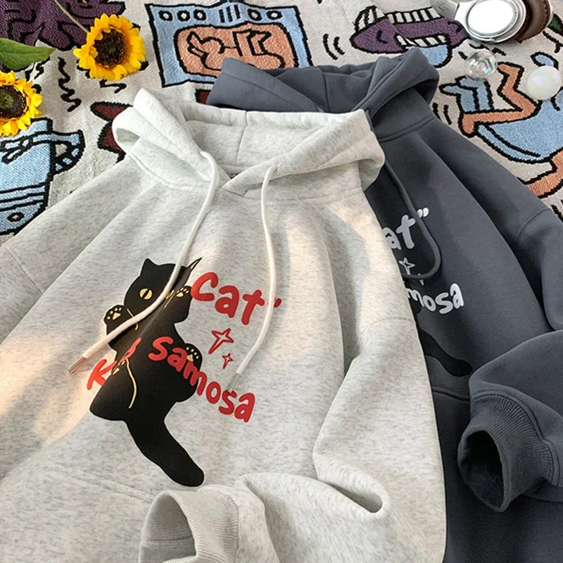Cartoon Cat Graphic Letter Print Drawstring Fleece Hoodie