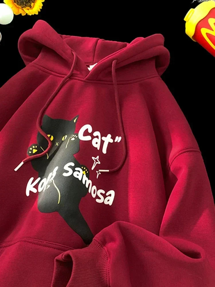 Cartoon Cat Graphic Letter Print Drawstring Fleece Hoodie 10