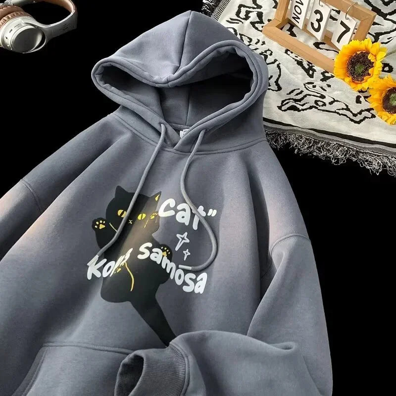 Cartoon Cat Graphic Letter Print Drawstring Fleece Hoodie 4