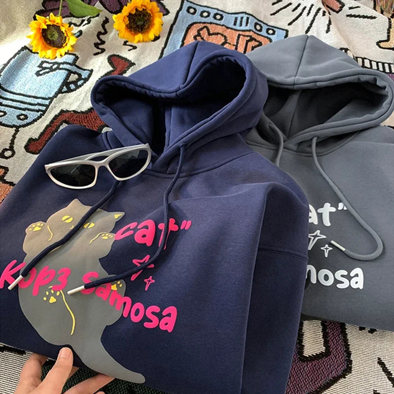Cartoon Cat Graphic Letter Print Drawstring Fleece Hoodie 2