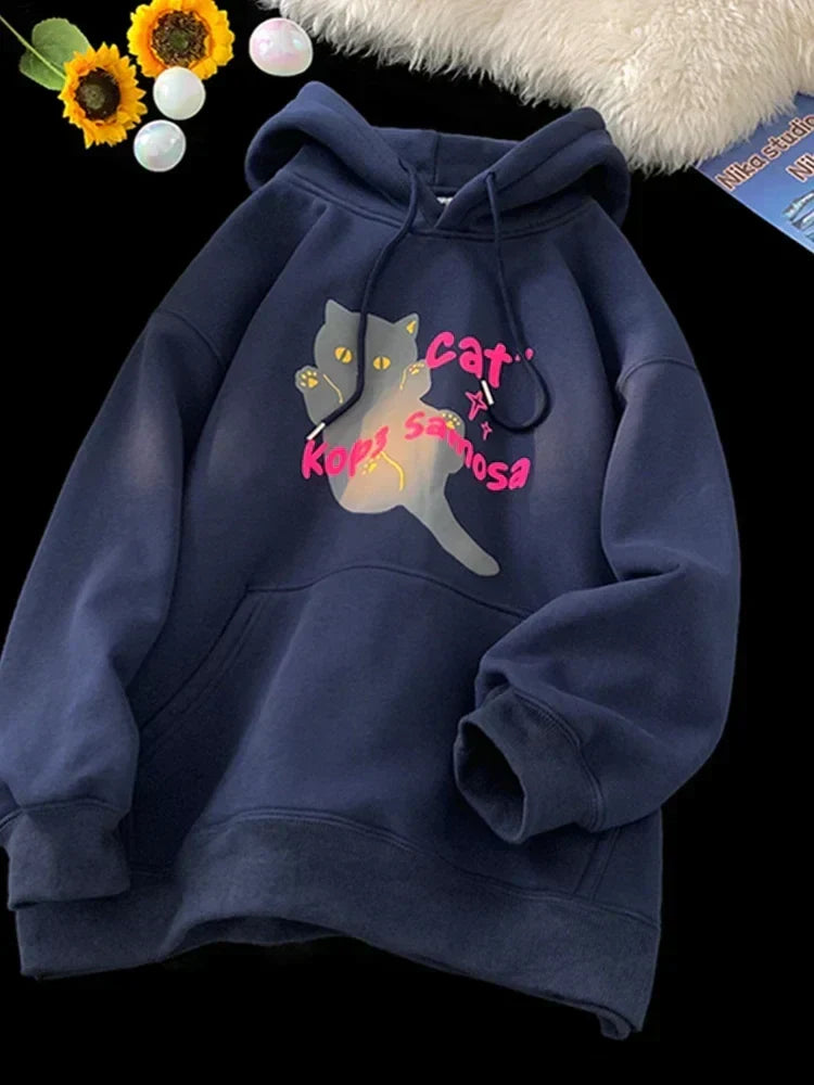 Cartoon Cat Graphic Letter Print Drawstring Fleece Hoodie 11