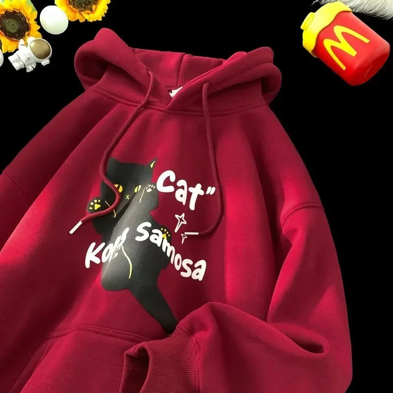 Cartoon Cat Graphic Letter Print Drawstring Fleece Hoodie 3