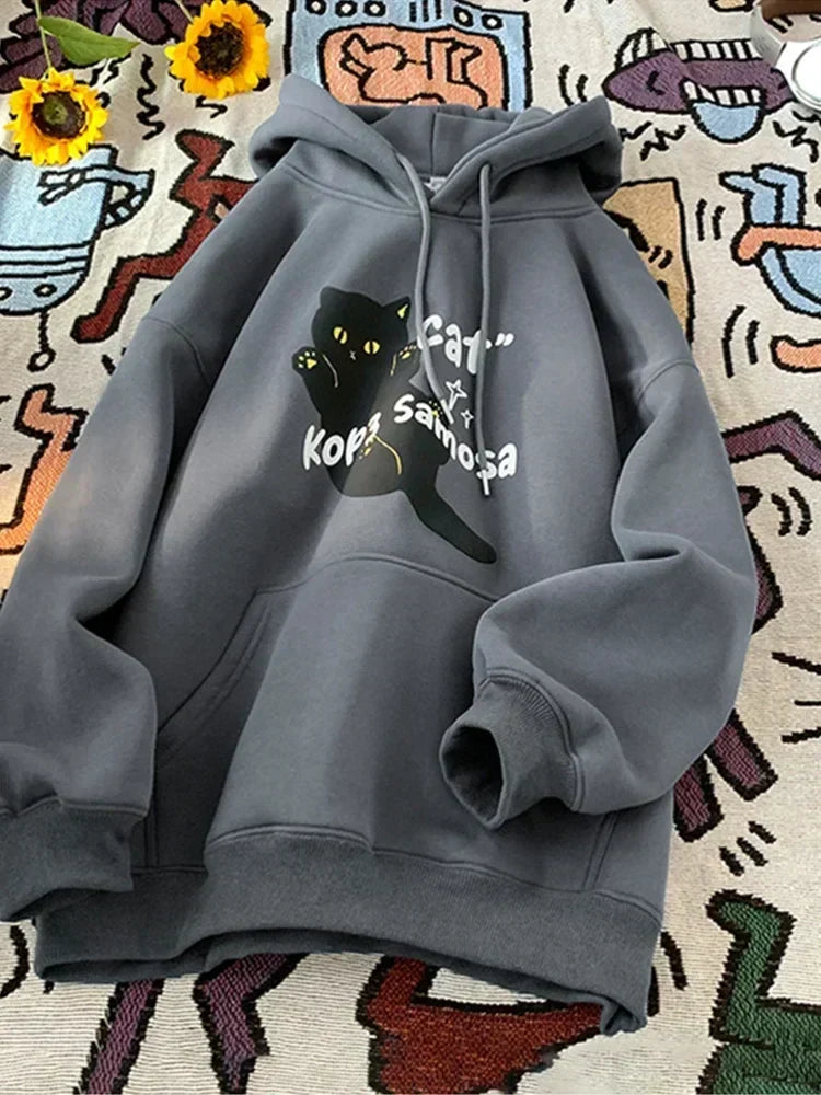 Cartoon Cat Graphic Letter Print Drawstring Fleece Hoodie 9