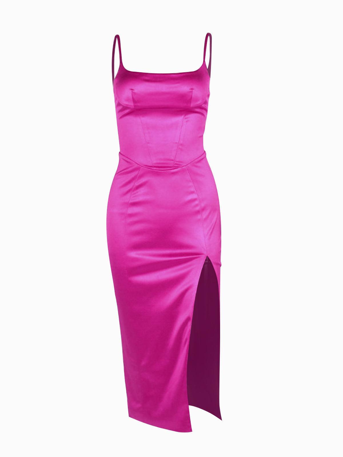Annie Satin Midi Dress In Hot Pink - View 6
