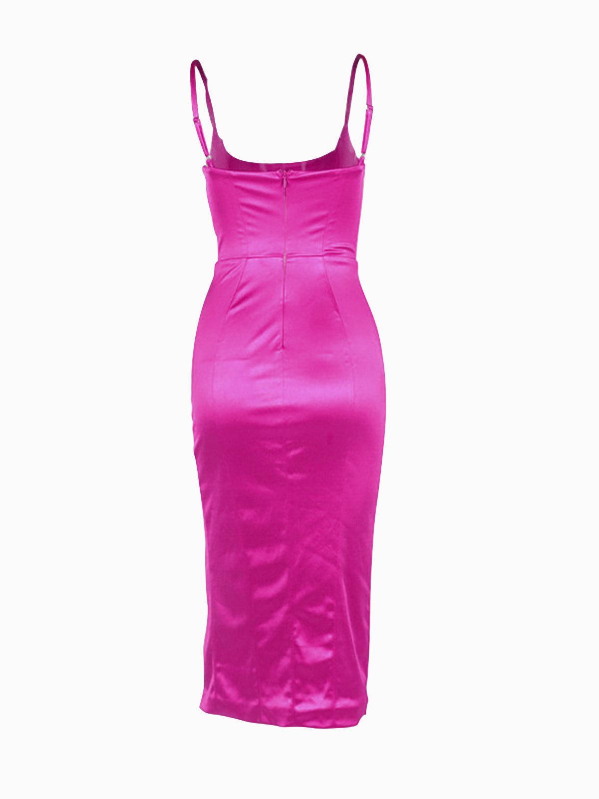 Annie Satin Midi Dress In Hot Pink - View 8