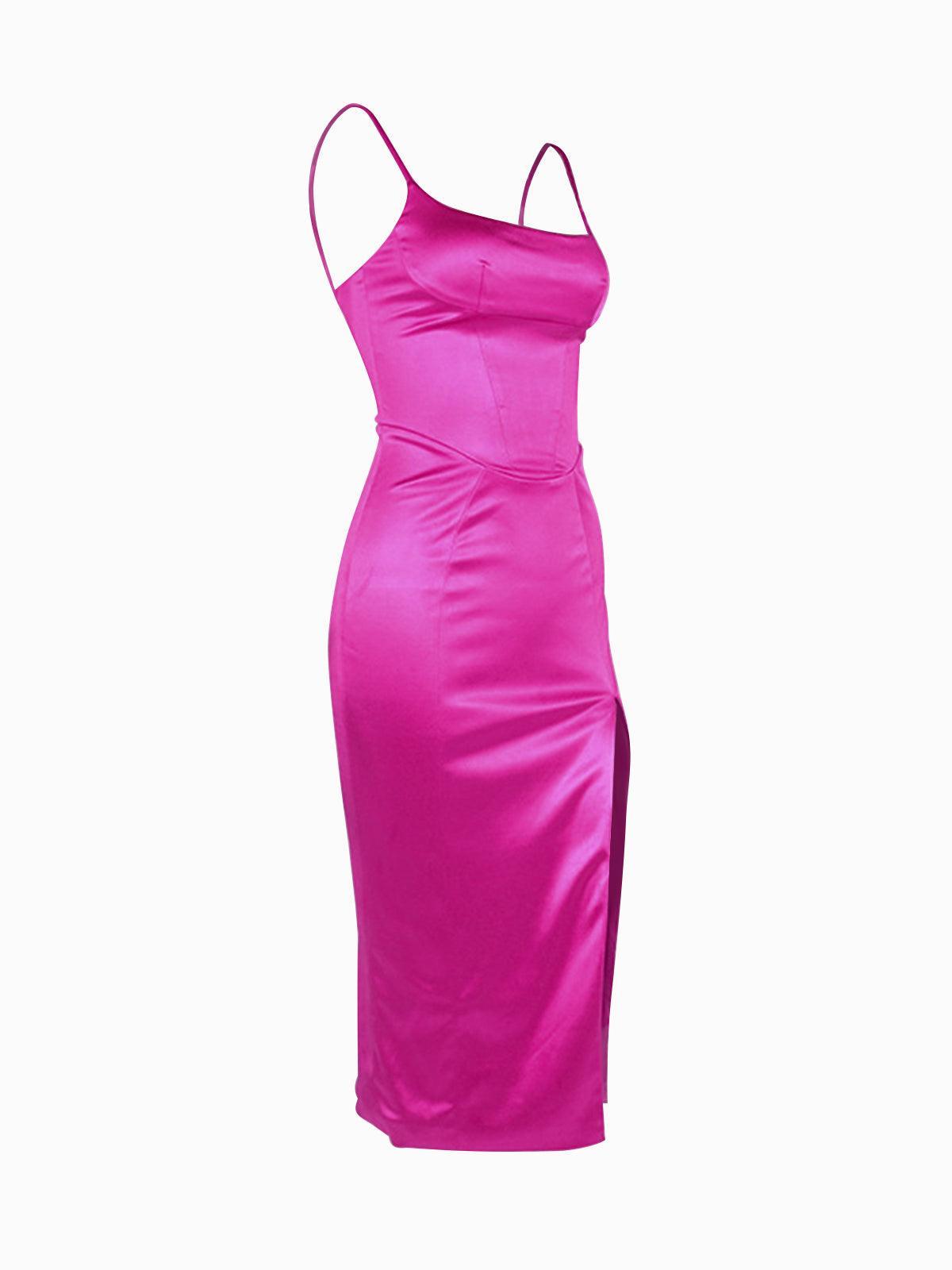 Annie Satin Midi Dress In Hot Pink - View 7
