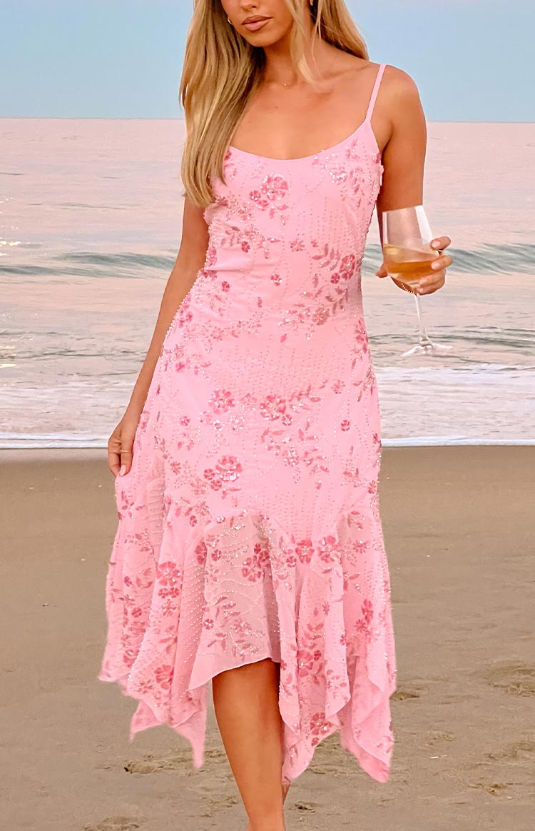 Floral Sequin Scoop Neck Spaghetti Strap Handkerchief Hem Midi Dress 7