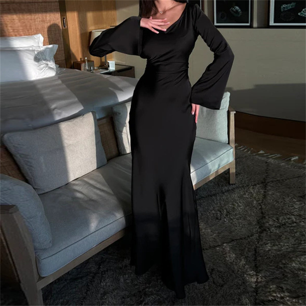 Satin Scoop Neck Bell Sleeve Ruched Waist Mermaid Maxi Dress