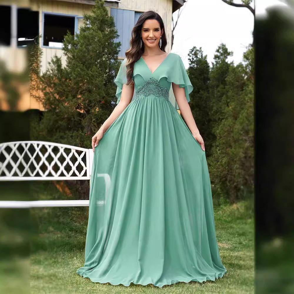 Applique Chiffon Green Evening Dress Slim Fit Flared Sleeves Bridesmaid Dress Cocktail
