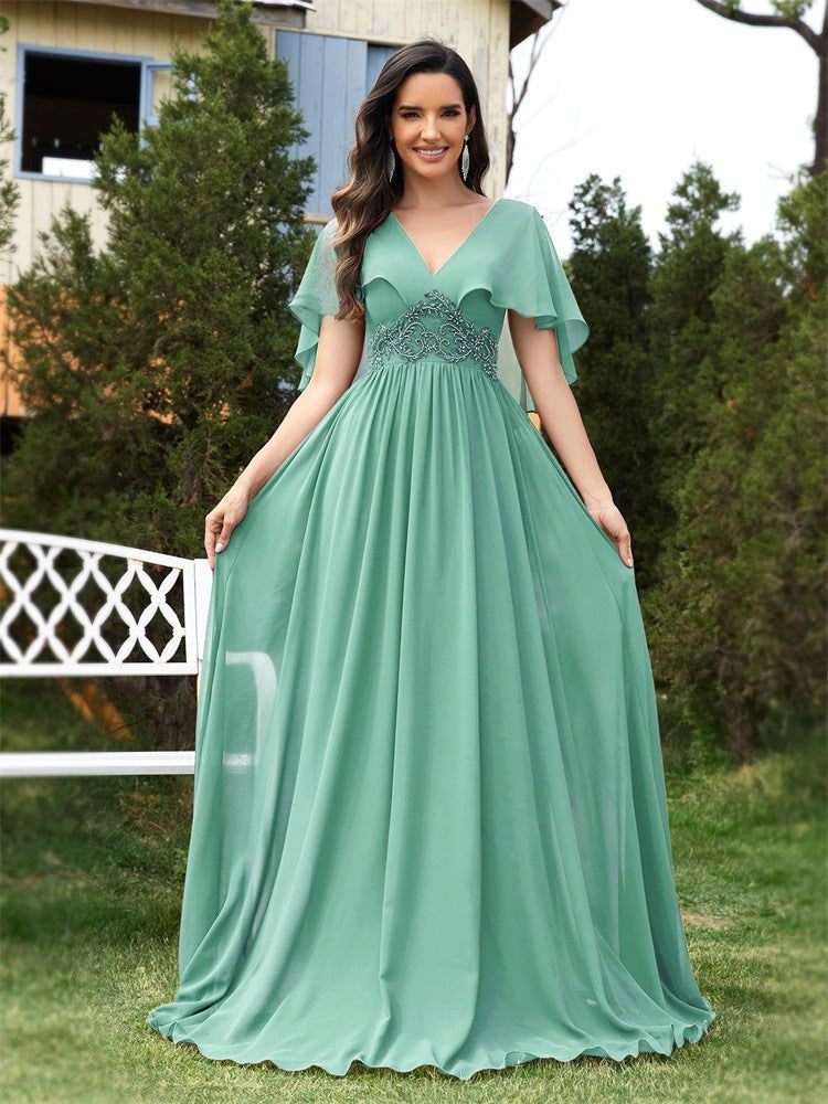 Chiffon V-Neck Flutter Sleeve Lace Waist A-Line Maxi Dress