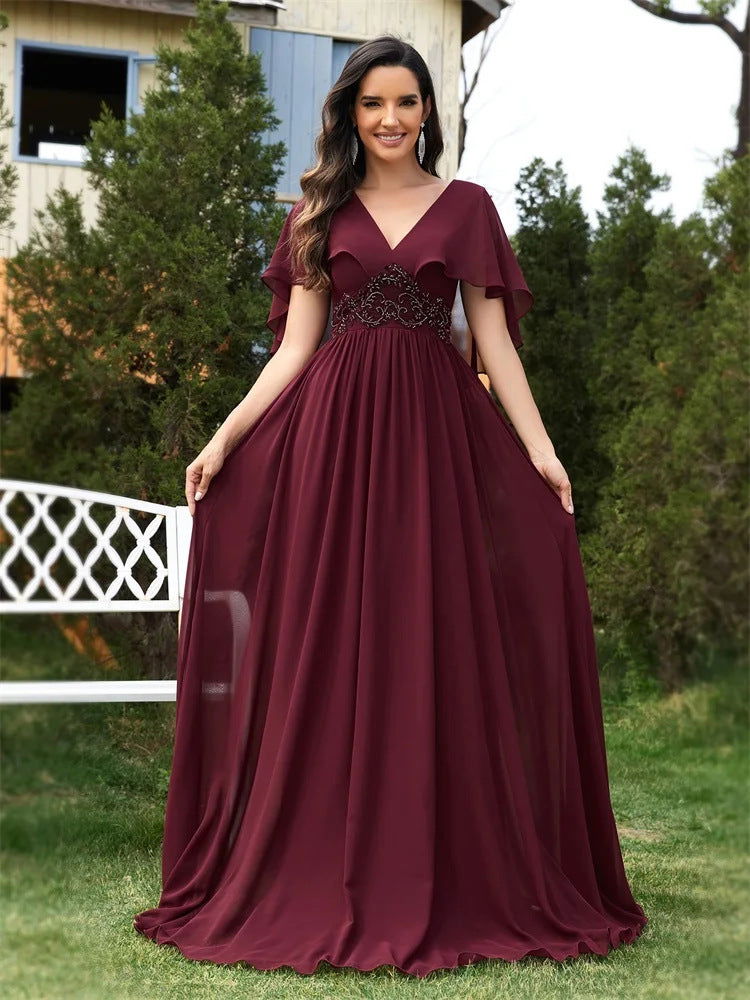Chiffon V-Neck Flutter Sleeve Lace Waist A-Line Maxi Dress
