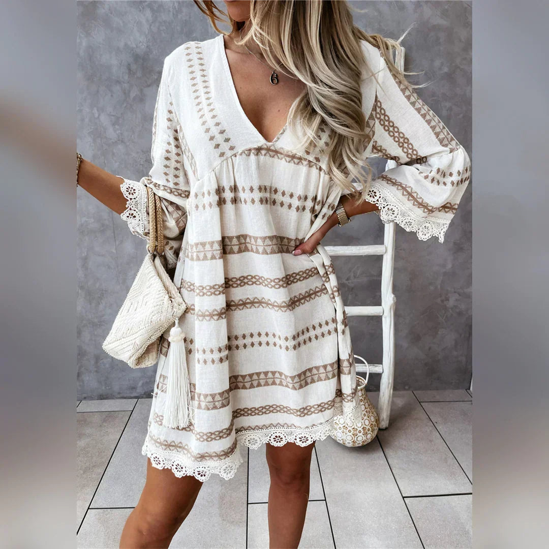 Geometric Print V-Neck Bell Sleeve Lace Trim Babydoll Mini Dress
