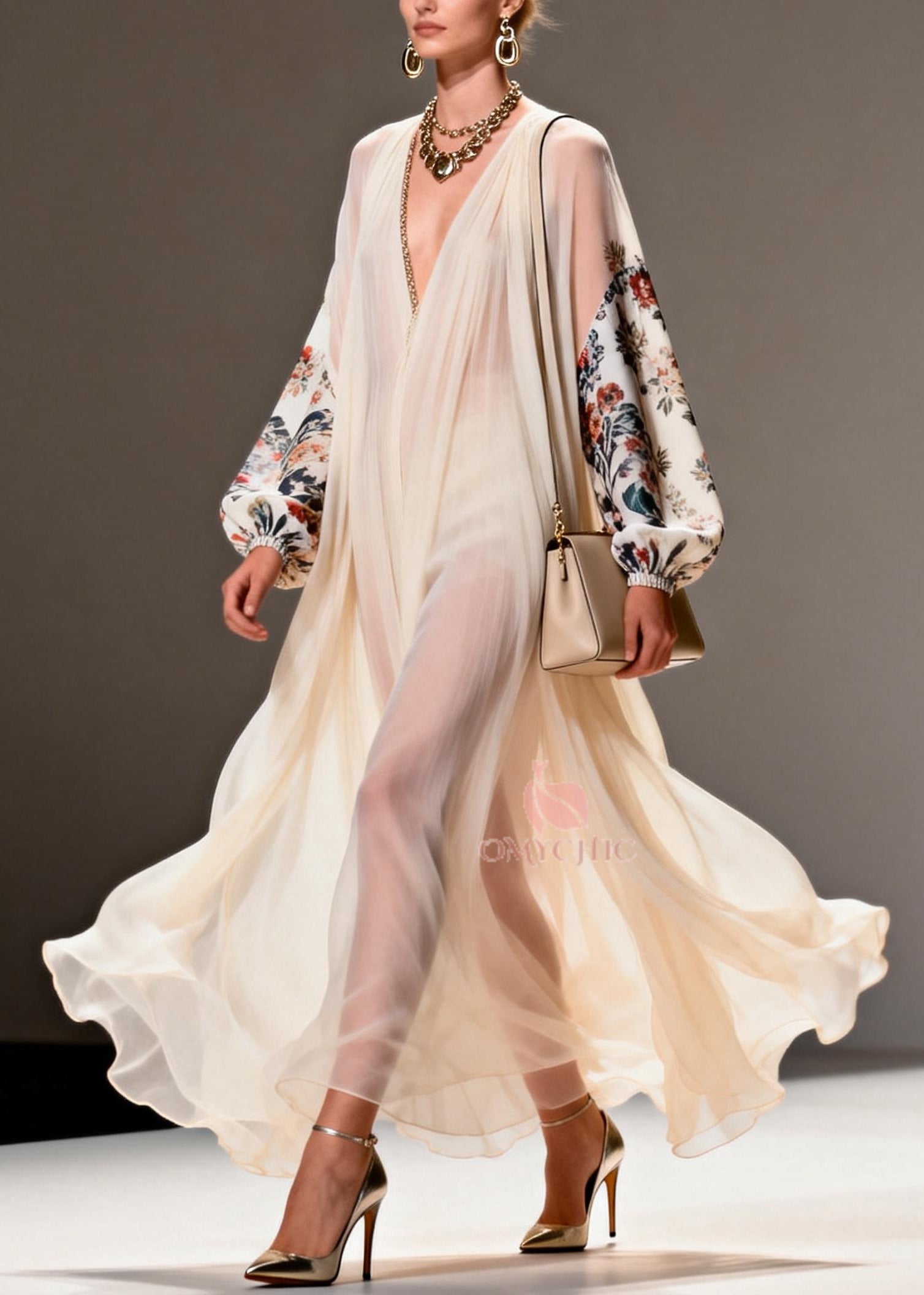 Chiffon Deep V-Neck Floral Balloon Sleeve Pleated Maxi Gown