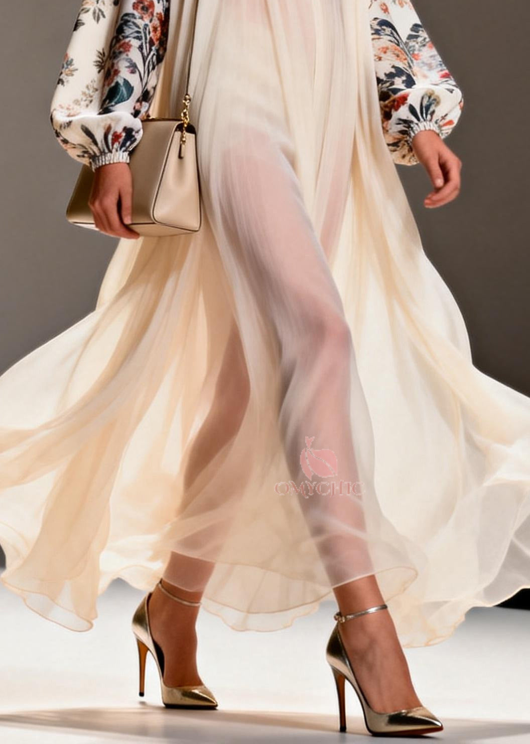 Chiffon Deep V-Neck Floral Balloon Sleeve Pleated Maxi Gown