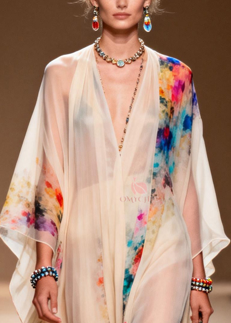 Abstract Print Sheer Chiffon Kaftan Gown and Short Romper Two-Piece Set